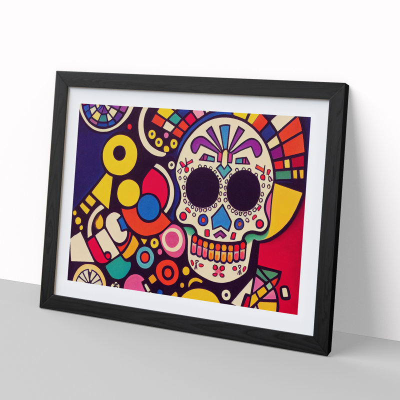 Entrancing Floral Sugar Skull Abstract - Single Picture Frame Painting, Black, 46cm H x 64cm W x 2cm D