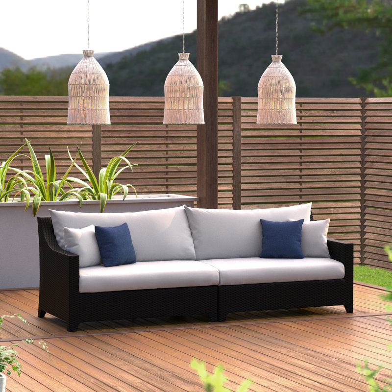 Fionnula 96" Wide Wicker Patio Sofa With Sunbrella Cushion Covers, Canvas Regatta Sunbrella® Canvas