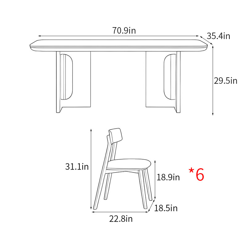 Casual simple rectangular dining table set, 29.5"H x 70.9"L x 35.4"W