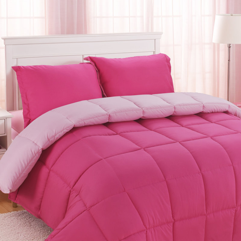 All Season Reversible Down Alternative Comforter Set with Shams - Breathable, Soft, Fluffy, Pink