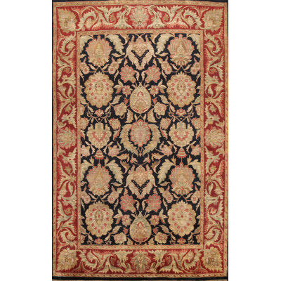 Tapis floral noir / brun / rouge en laine noué à la main Floral