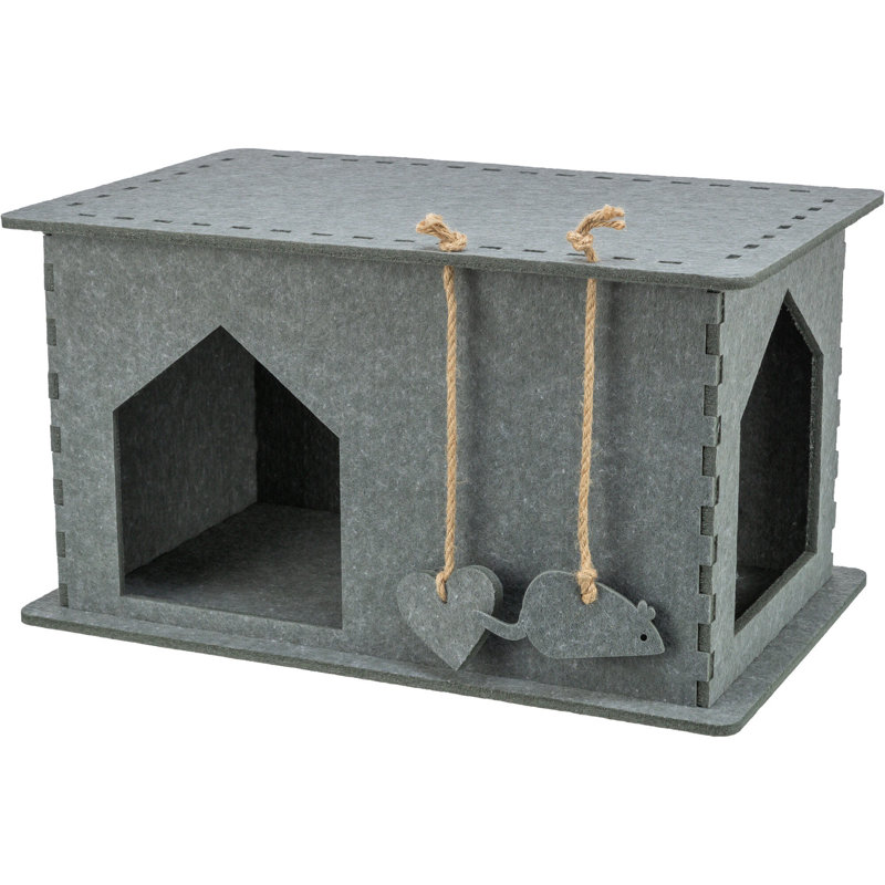 TRIXIE Lene Felt Cat Condo, Small Cat Hideaway with Hanging Cat Toy, Jute Scratching Pads, Indoor Cat Cave