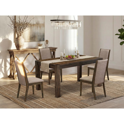 5 Piece Dinette Set for 4 Includes a Rectangle Rustic Wood Dining Room Table and 4 Dark Khaki Linen Fabric Parson Dining Chairs, Jacobean