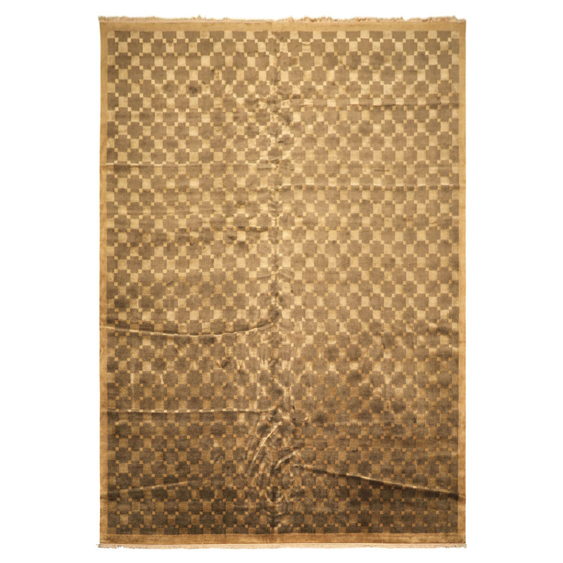 Tapis tibétain en laine noué à la main brun clair olive 9 pi 8 po x 13 pi 8 po