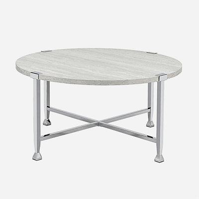 Table basse ronde avec cadre en métal, chêne blanc et chrome