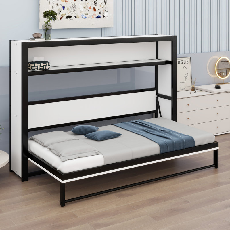 Lit escamotable avec tablettes, lit escamotable en métal au design pliable et peu encombrant, Blanc
