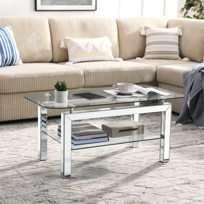 Rectangle Tempered Glass Coffee Table For Livingroom, Tea Table For Waiting Room, Modern Side Coffee Table With Mirrored Stainless Leg, Glass Tabletop With Lower Shelf,20"D X 40"W X 18"H,Silver