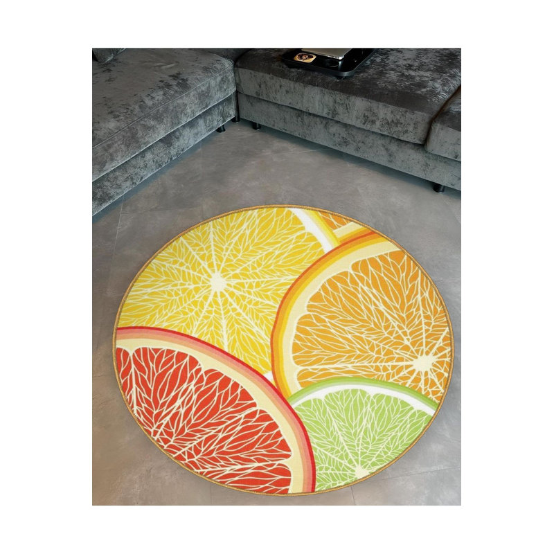 Tapis rond rond jaune, orange, vert, citron et orange, Sous-tapis rond 3 pi 3 po inclus