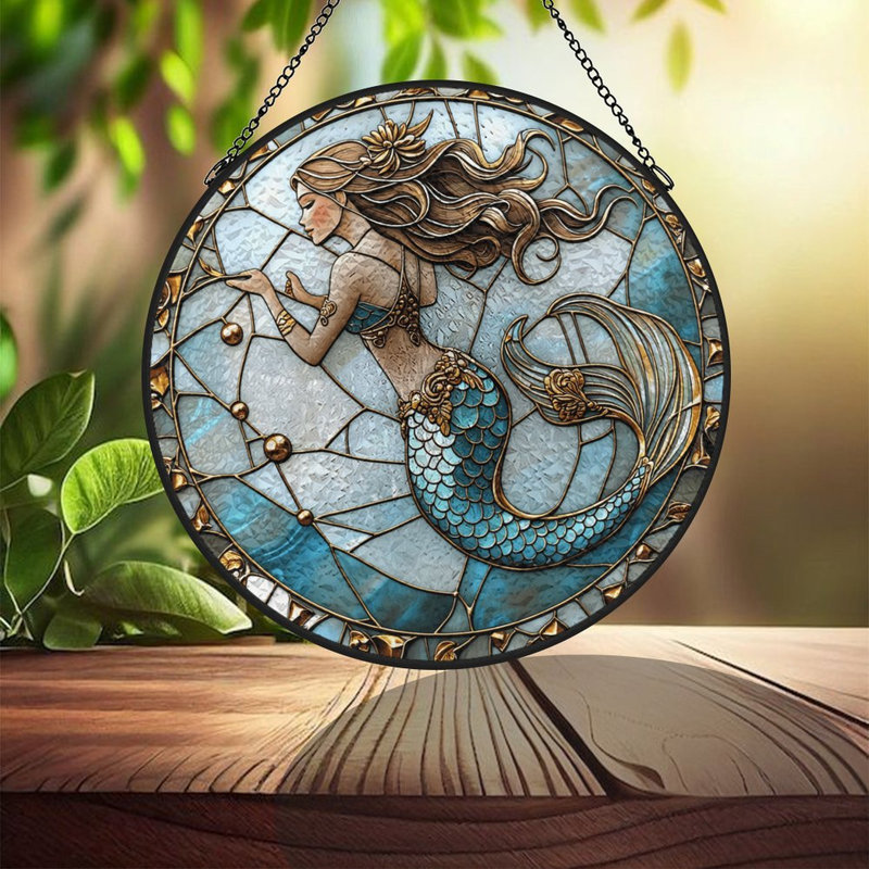 Panneaux de vitrail de sirène, attrape-soleil pour la décoration de fenêtre, 3.5x3.5in(9x9cm)
