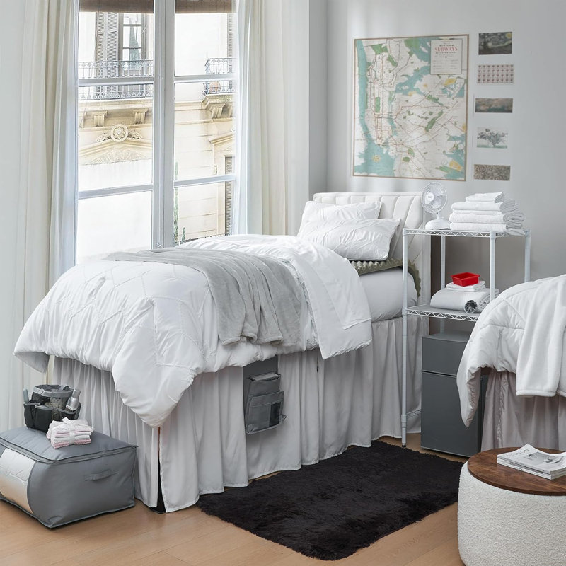 Complete Twin White Microfiber Dorm Bedding Set with Essentials