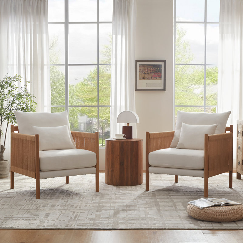 Boho Rattan Accent Chair With Lumbar Pillow, Cream