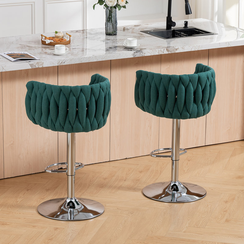 Ensemble de 2 tabourets de bar tissés torsadés, pivotant à 360 ° et chaises de bar chromées réglables en hauteur pour îlot de cuisine, pub et café, vert / caramel