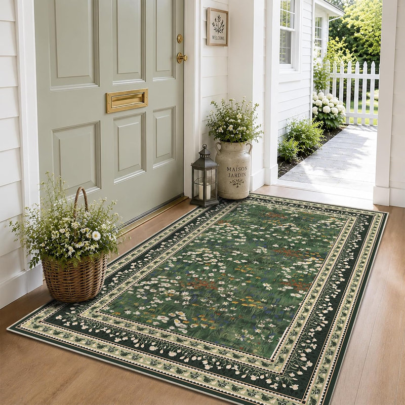 Tapis fleuri vintage lavable à la machine - Tapis botanique doux et antidérapant à poils courts, Vert foncé
