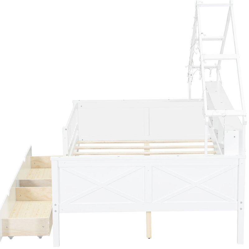 Lit plateforme blanc en bois pleine grandeur avec DEL, tablettes de rangement, tiroirs et garde-corps - Tiroirs de détente sécuritaires, durables