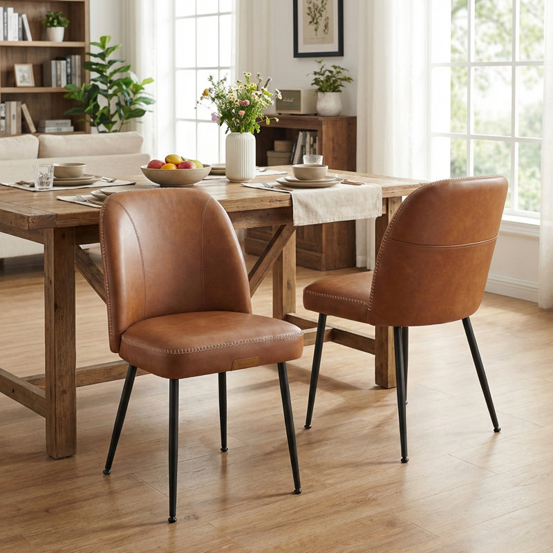 Chaises de salle à manger rembourrées de style Mid-Century en cuir synthétique avec poche de rangement, Brun