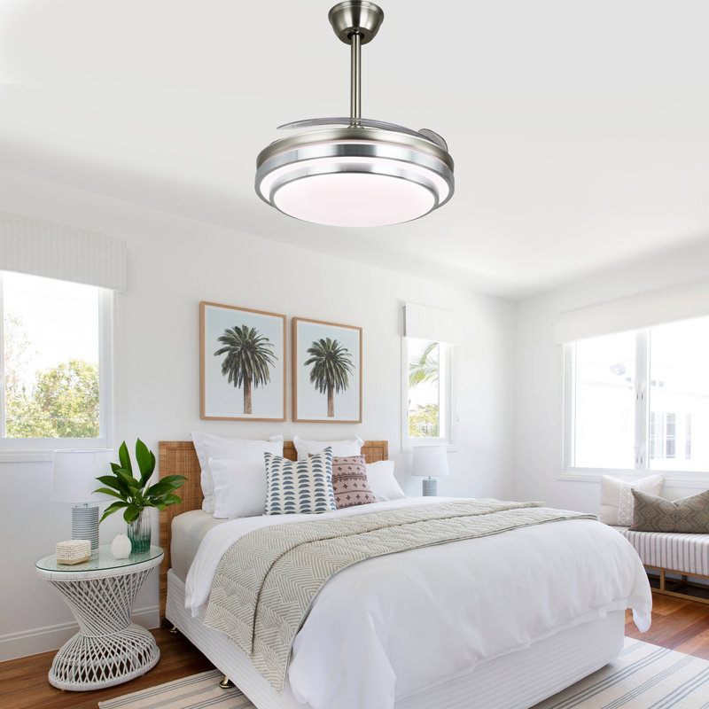 42 Inch Retractable Ceiling Fan With Lights, Modern Silent DC Motor 6 Speeds Chandelier Ceiling Fan For Bedroom, Clear