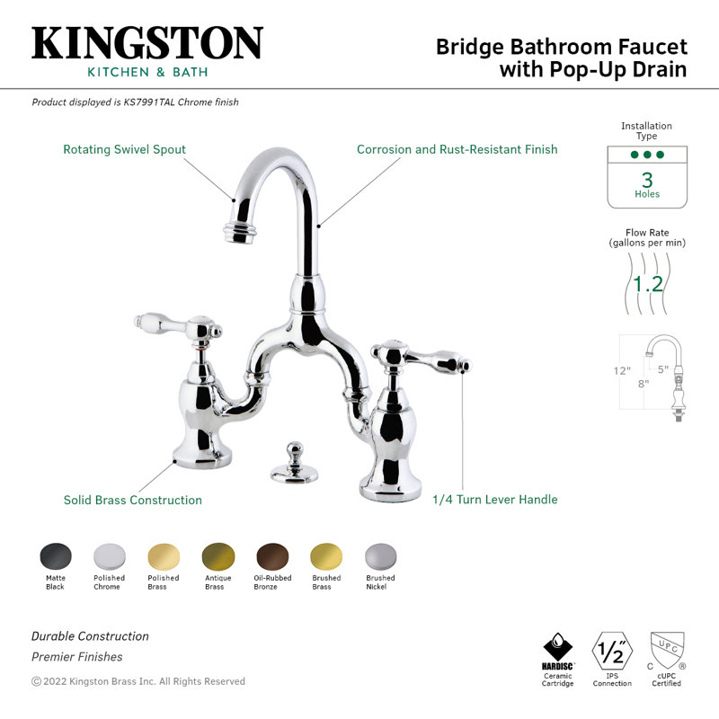 Robinet de salle de bain pont à deux poignées et fixation sur le comptoir à 3 trous Kingston, Noir mat