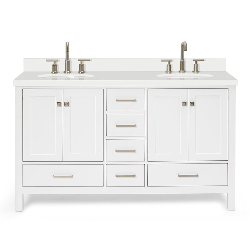 Coiffeuse Cambridge en blanc avec comptoir en quartz blanc avec lavabo, Blanc / nickel brossé