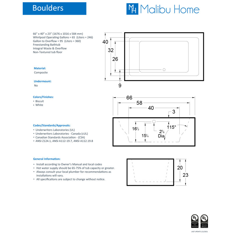 Boulders 66" x 40" Freestanding Combination Solid Surface Bathtub, White
