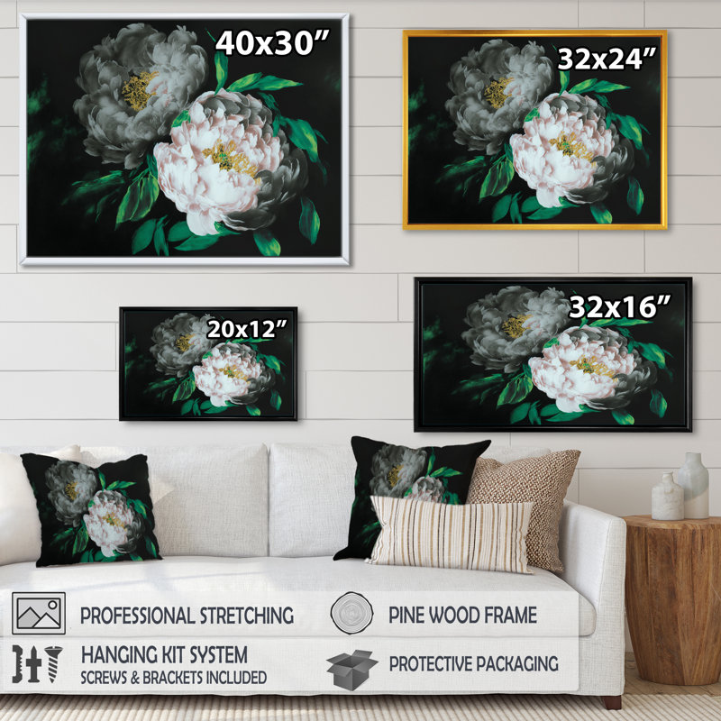 «White Blossoming Peony on Black I», reproduction sur toile, L 32 po x H 16 po, Toile à cadre flottant doré