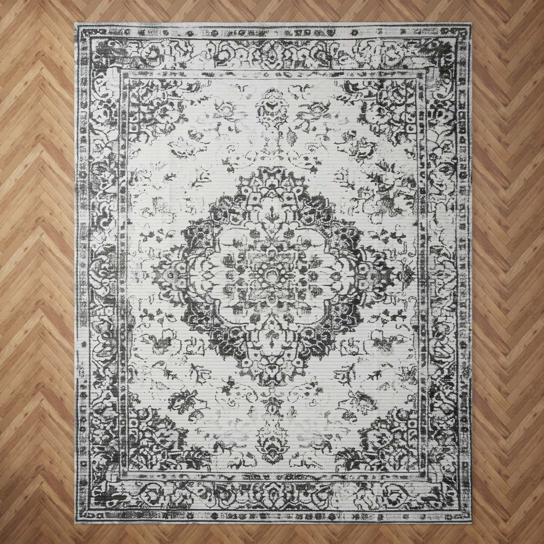 Non-Slip Floral Machine Washable Vintage Area Rug in Grey/Cream Bungalow Rose Rug 