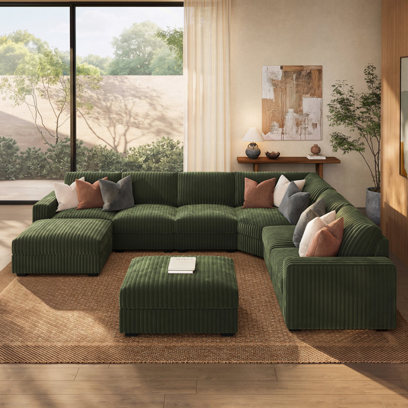 Canapé modulaire moderne en U avec repose-pieds avec rangement, Velours côtelé vert