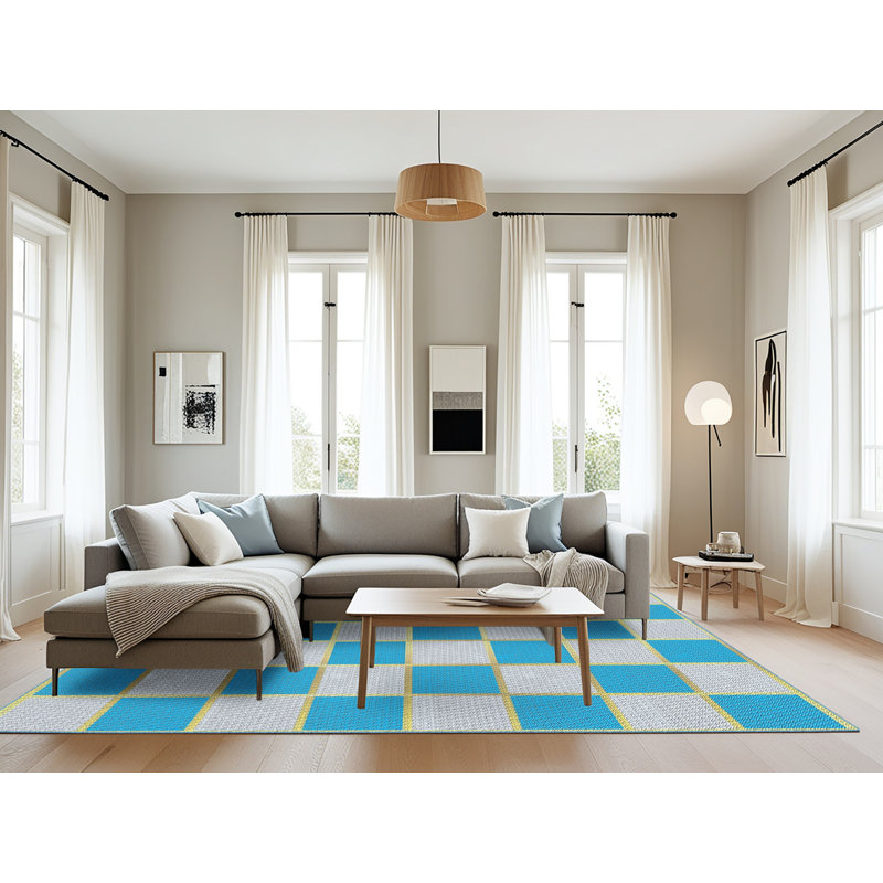 Tapis gris clair/bleu tissé à la machine, Rectangle 8 pi x 10 pi