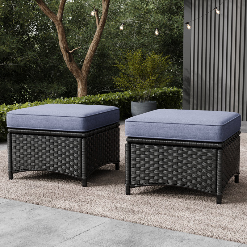Layinsun Wicker Outdoor Patio Ottomans Set Of 2, Black, Navy