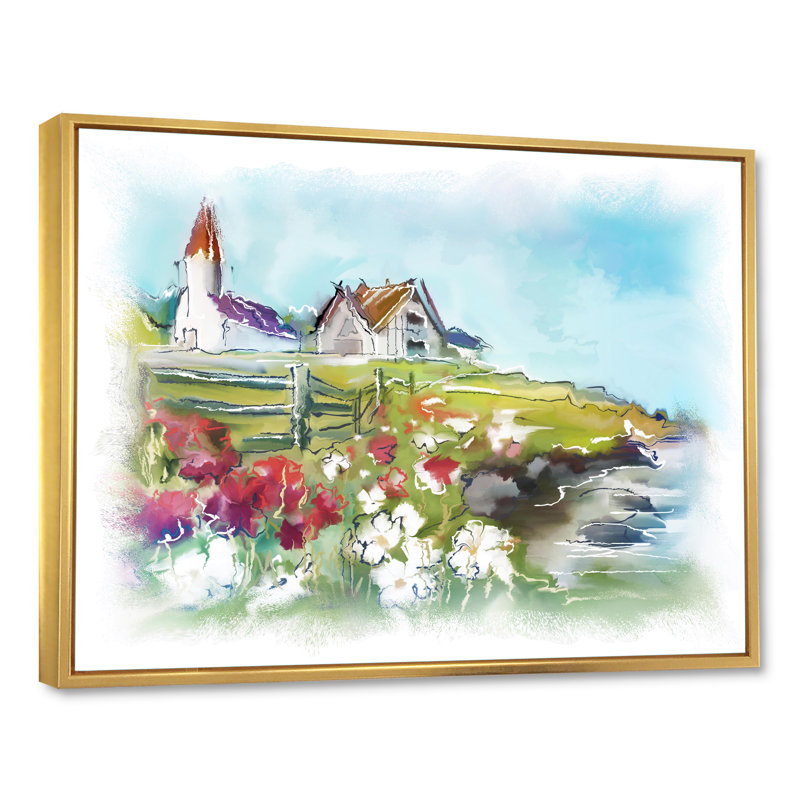 Bâtiments blancs sur un pré vert coloré - peinture sur toile, H 31 po x l 41 po x P 1,5 po, Cadre doré
