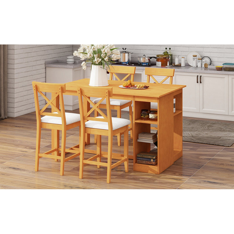 Ensemble de table de salle à manger à hauteur de comptoir en bois massif 60 po x l 30 po avec tablettes de rangement à 3 niveaux et chaises rembourrées pour 4, 5 pièces