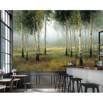 Forêt, papier peint adhésif, peinture à l'huile, bouleaux, brume matinale, peintures murales H 69 po x l 96 po, papier peint amovible en PVC, adhésif pour chambre à coucher, bureau à domicile