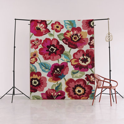 Red Rose Patterned Multi-Colored Modern Decorative Rug
