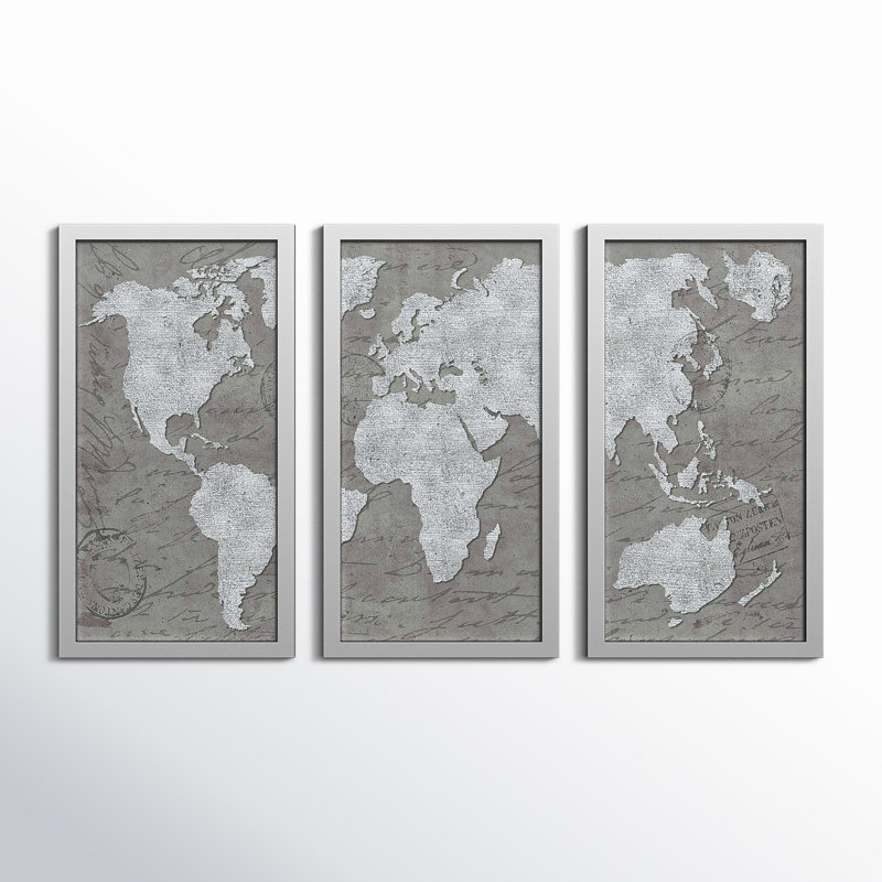 " World Map On Script " 3 - Pieces, 33.5" H x 52.5" W x 1" D