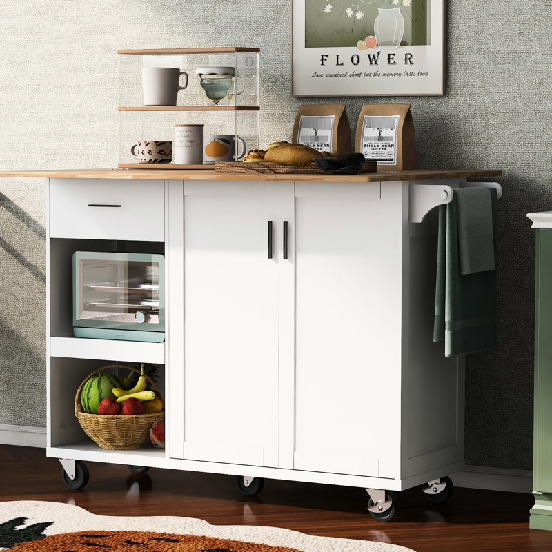 Rectangular Kitchen Cart With Foldable Shelf - White Island Countertop And Convenient Storage, Towel Rack, Drawer, Slide-Out Shelf, Wheels,
