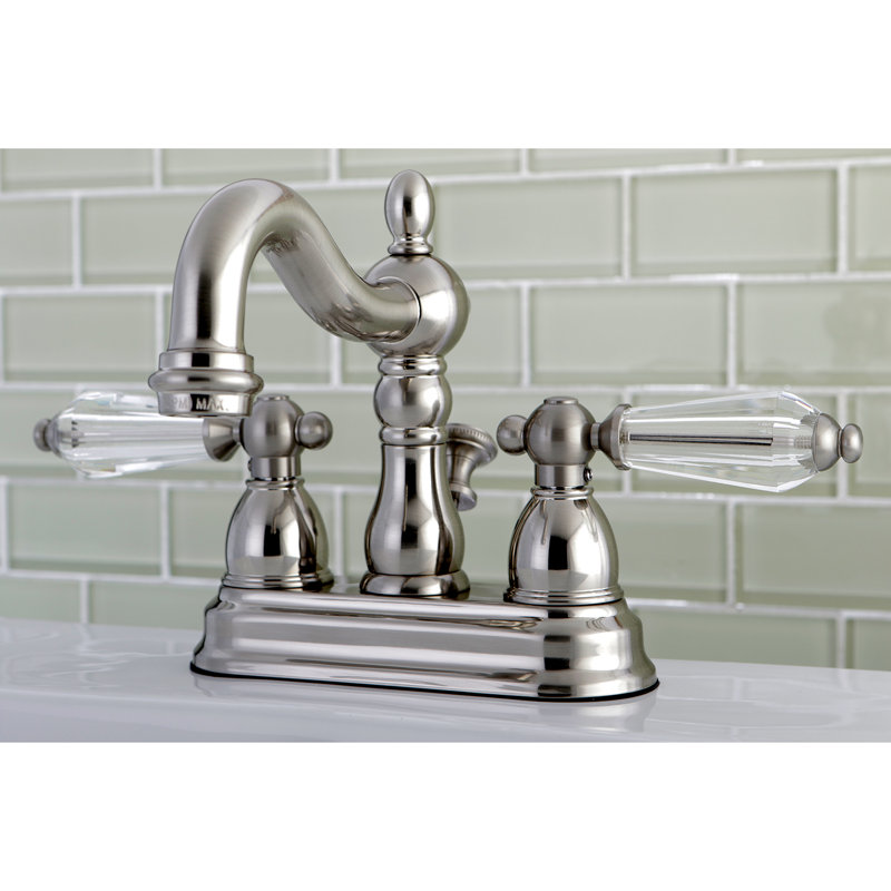 Kingston Brass Wilshire Two-Handle 3-Hole Deck Mount 4" Centerset Bathroom Faucet with Brass Pop-Up, Brushed Nickel
