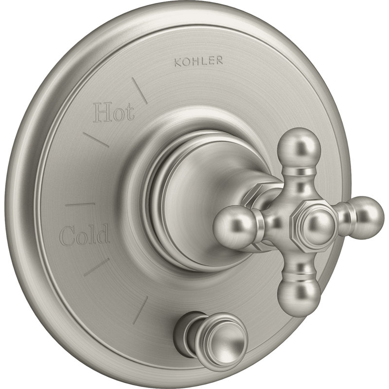 Garniture de valve Kohler Artifacts Rite-Temp avec inverseur à bouton-poussoir et poignée en croix, Nickel brossé éclatant