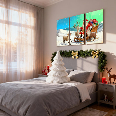 Noël, père Noël, renne, traîneau, hiver, neige, cadeau, scène de Noël, ensemble de 3 impressions sur toile
