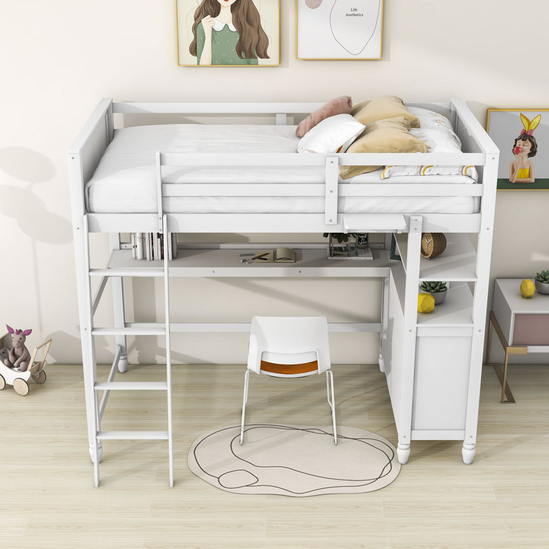 Halid Kids Twin 3 Drawers Wood Loft Bed with Desk and Shelves, White