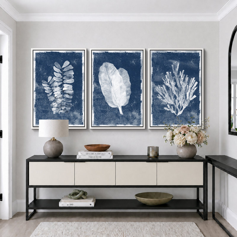 «Minimal Botanical», feuilles de la jungle bleue, art nautique corail, impression sur toile, 3 pièces, H 36 po x l 72 po