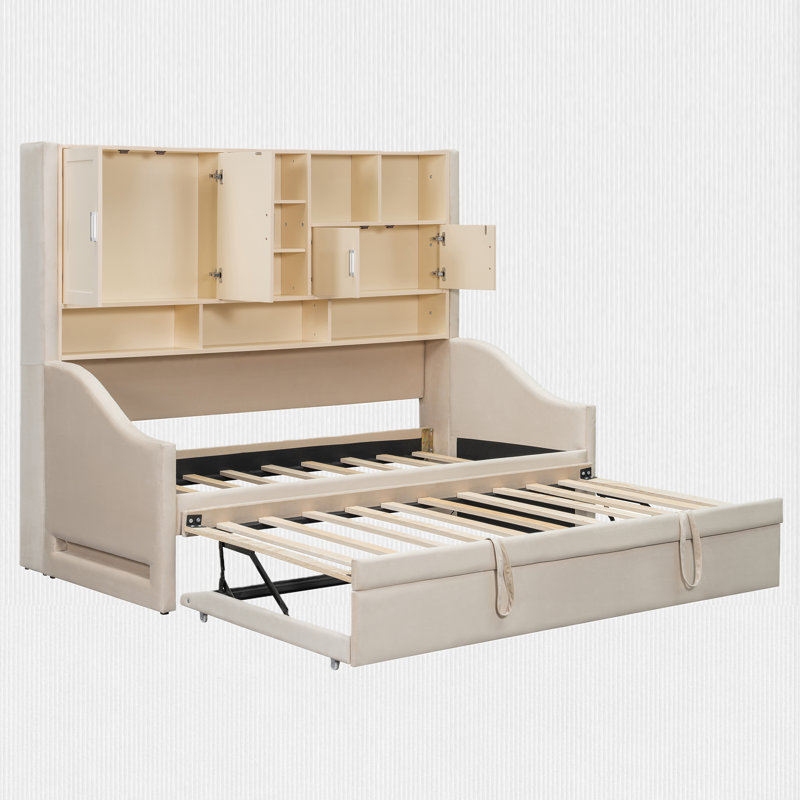 Lit de jour simple avec couchette relevable et accoudoirs à DEL, Beige