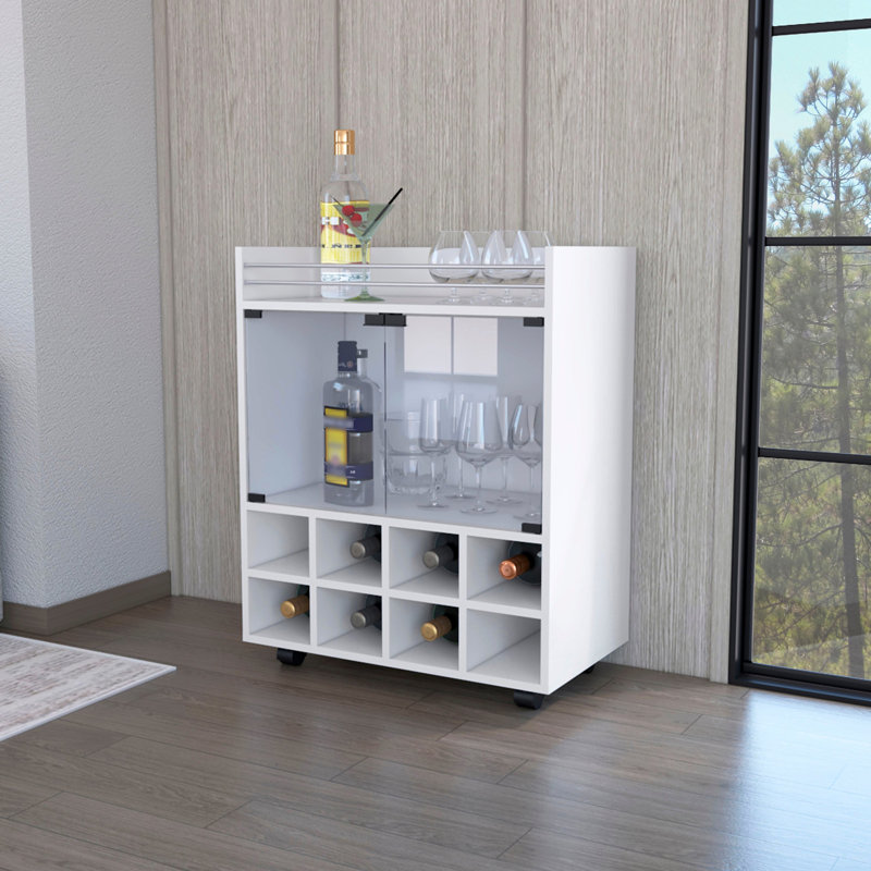 Chariot-bar blanc à 8 tablettes avec double porte vitrée dans une enceinte élégante et des roulettes lisses