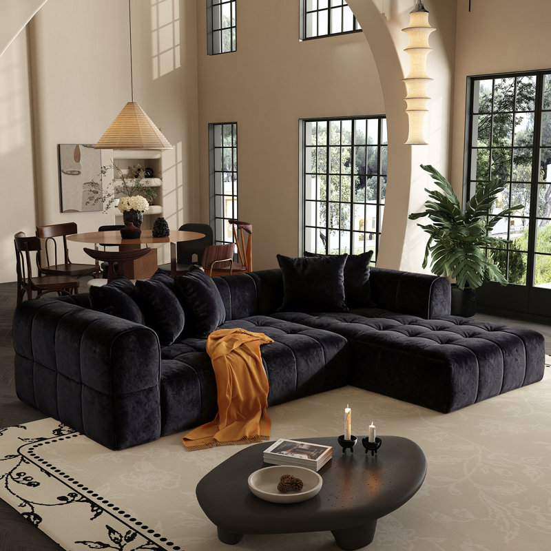 107.9" L Shaped Convertible Modular Couch, Cloud Couch Sectional With Ottoman, Right Hand Facing, Black