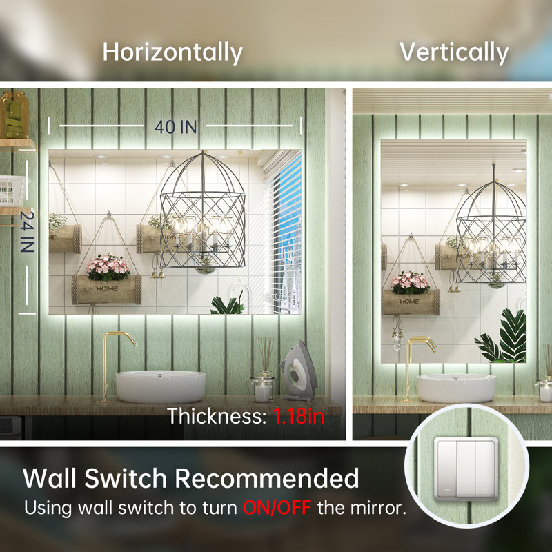 Chrisna LED Backlit Frameless Lighted Bathroom Vanity Mirror Wall Mirror 3 Color Adjust Dimmable Anti Fog, 24" x 40"