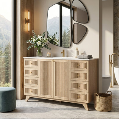 Meuble-lavabo simple de 120 cm (47,2 po) avec lavabo en résine SMC, 8 tiroirs et rangements, design cannelé, style moderne, salle de bain principale