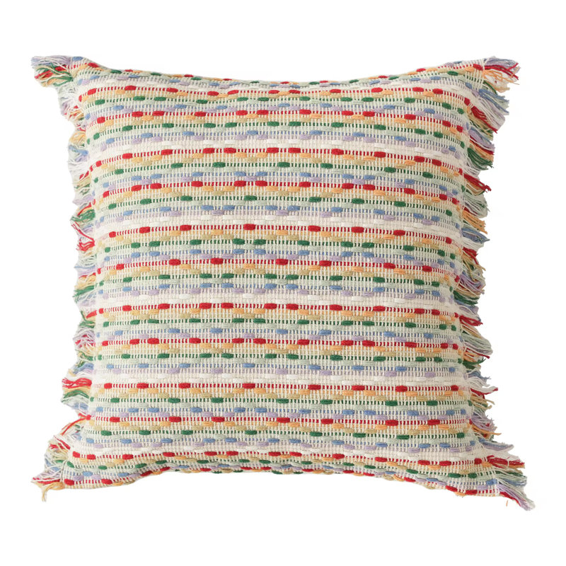 Multicolor Cotton Jacquard Striped Fringe Pillow Cover 18" x 18"