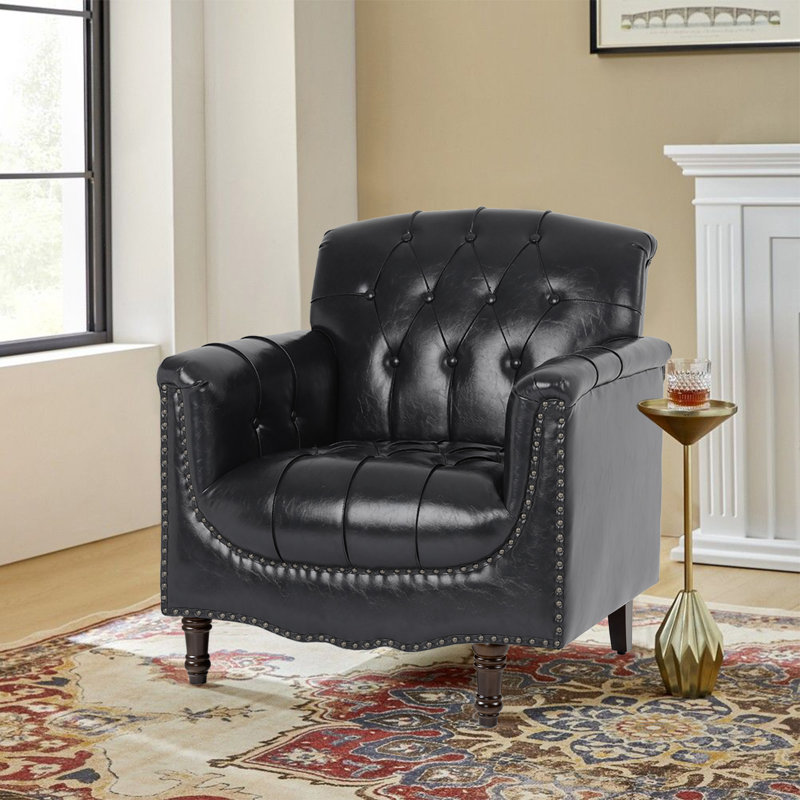 80 Cm Wide Tufted Armchair, Blue Black Faux Leather