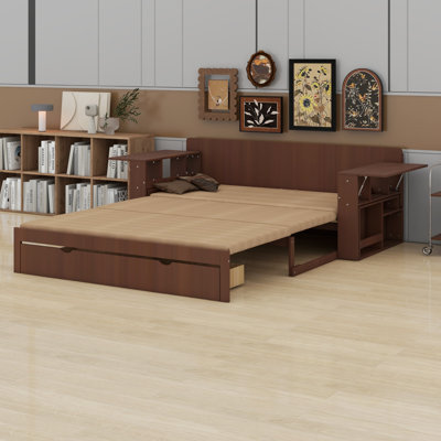 Lit de jour avec bureau amovible, tiroirs de rangement et table d'appoint hydraulique