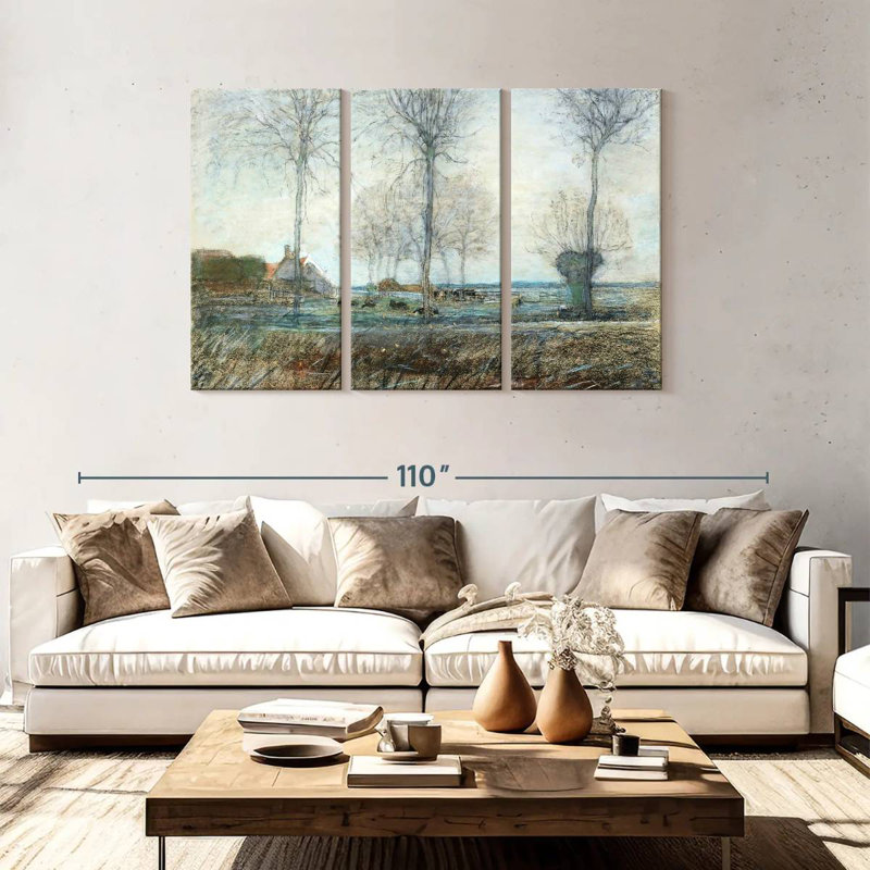 Alvord Farm mettant trois grands arbres au premier plan, H 48 po x l 74 po