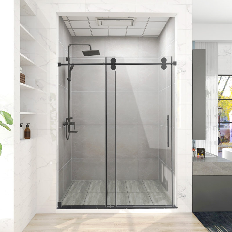 60 In. W X 66 In. H Single Sliding Frameless Shower Door/Enclosure In Matte Black Finish With Clear Glass, Matte Black