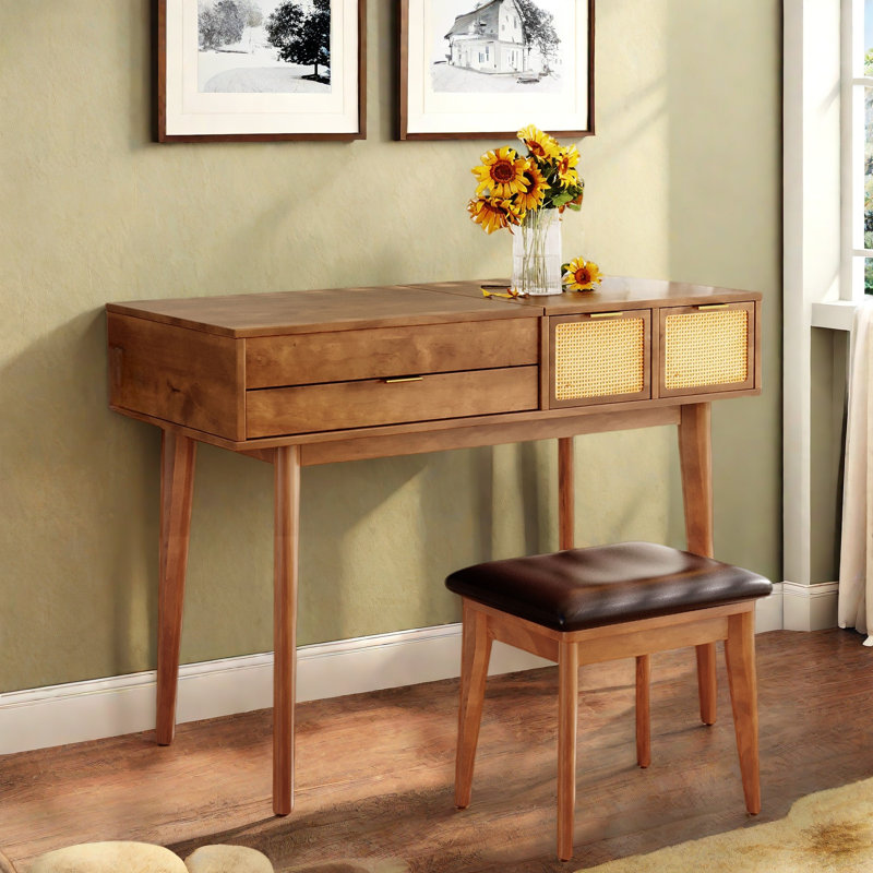 Classic Wood Makeup Vanity Set With Flip-top Mirror And Stool, Three Drawers, Woven Rattan Design And Metal Handles 